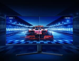 Xiaomi MI Curved 34 Monitor with a formula 1 racing car on display