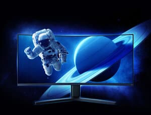 curved monitor with an illusion of an astronaut flying out of the monitor