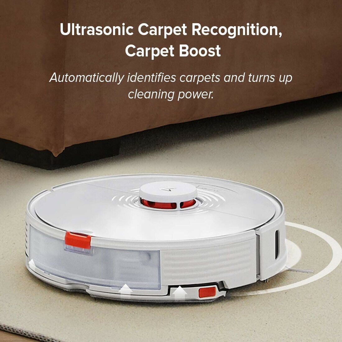 roborock s7 shown in action with a brown sofa in background and a script reading ultrasonic carpet recognition carpet boost